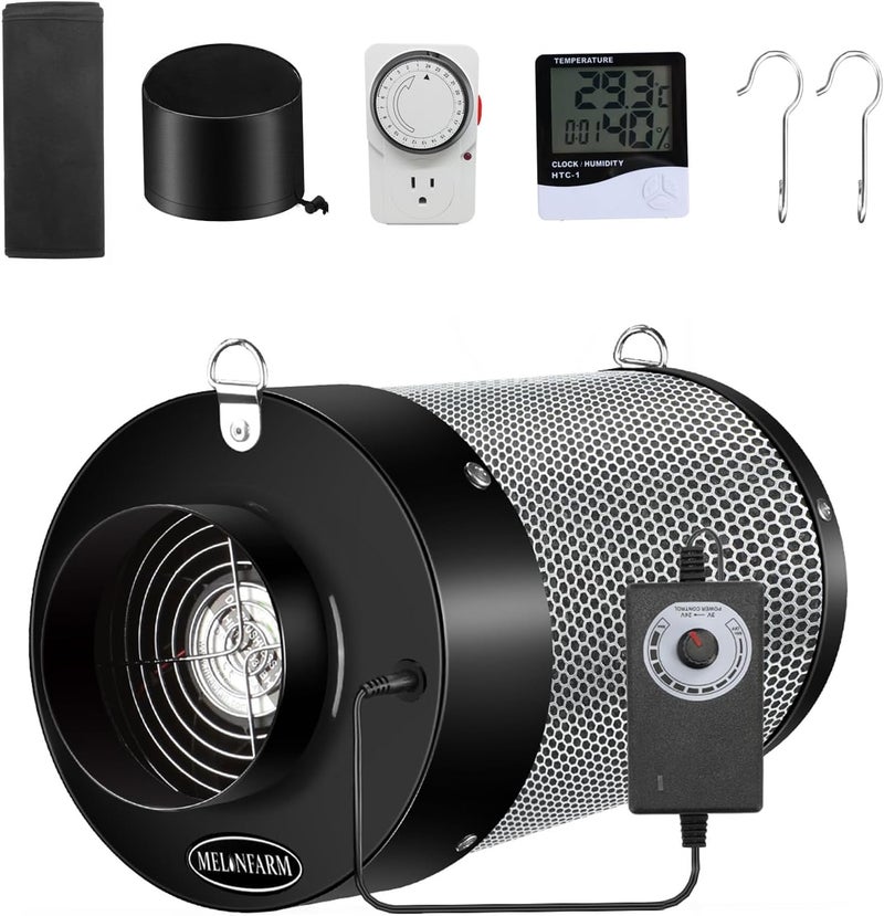 MELONFARM 4 inch Air Carbon Filter Smelliness Control with Australia Virgin Charcoal, Built-in 14cm Fan Low Nois and Speed Controller, Smelliness Scrubber for Inline Duct Fan, Grow Tent 4" x 12.6" - Image 1